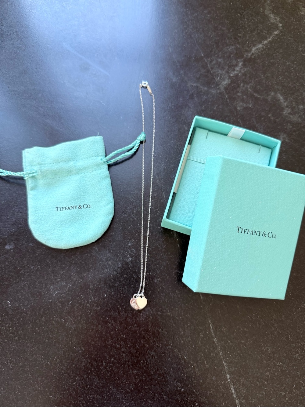 Tiffany & Co. Silver Heart Duo Pendant Necklace in Signature Blue